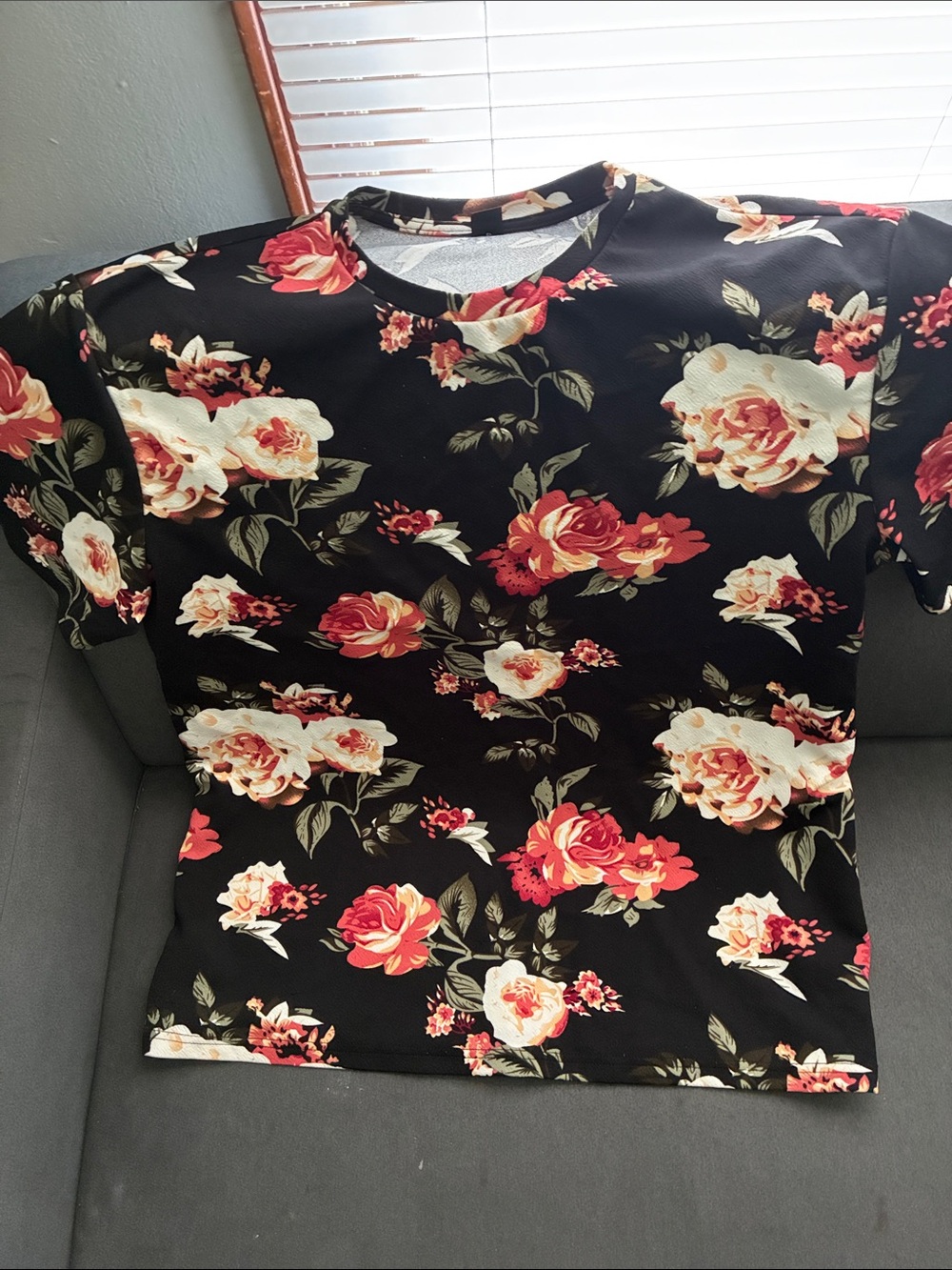 Floral Crewneck Tee - Black with Red & Cream Blooms